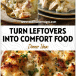 Baked Easy Turkey Casserole With Mashed Potatoes topped with melted cheese and herbs served on a rustic table.