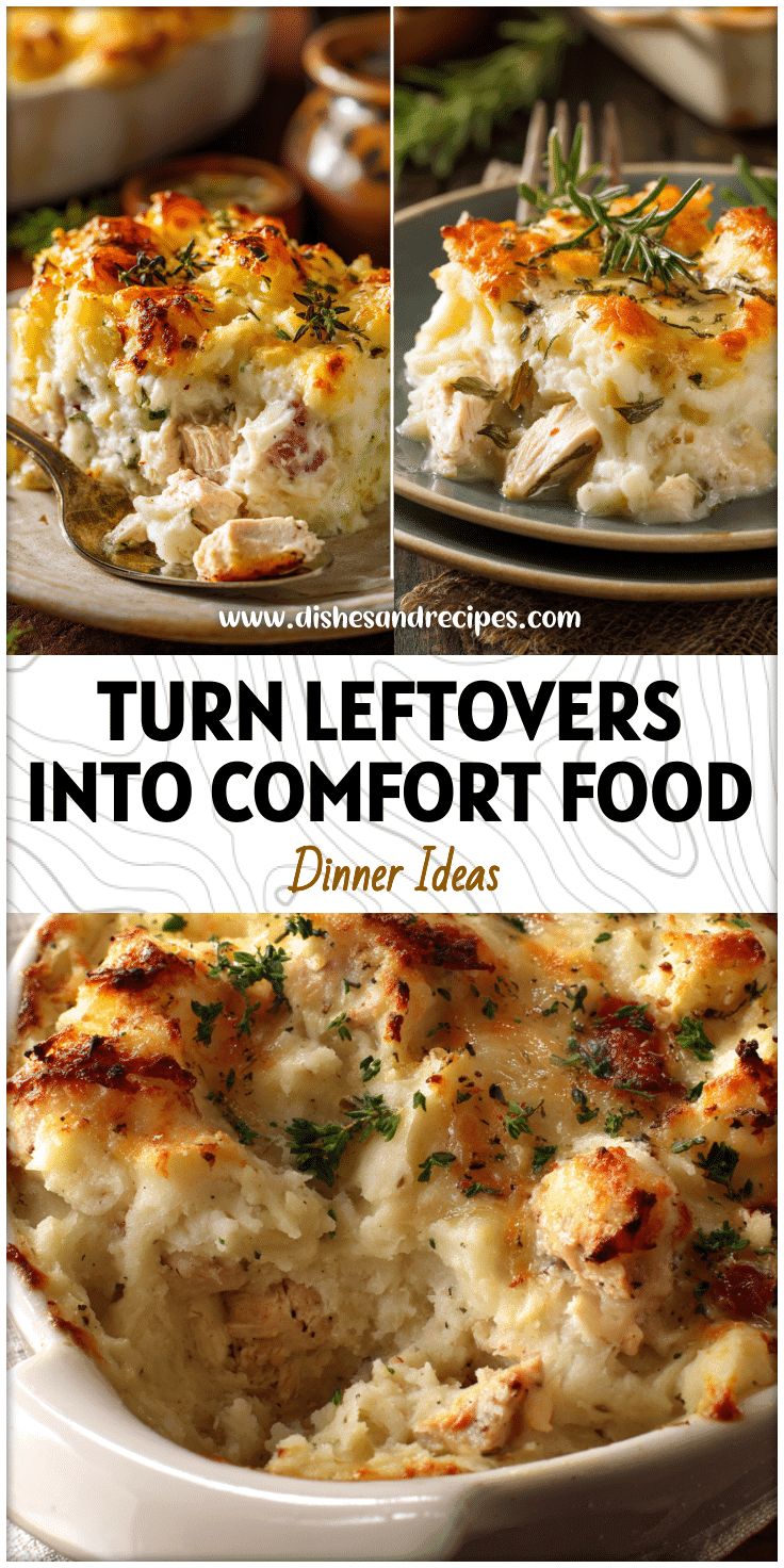 Baked Easy Turkey Casserole With Mashed Potatoes topped with melted cheese and herbs served on a rustic table.