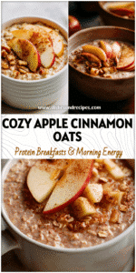 Home 3 Bowl of thick Vegetarian Overnight Oats topped with apple slices and cinnamon, perfect Autumn Overnight Oats presentation