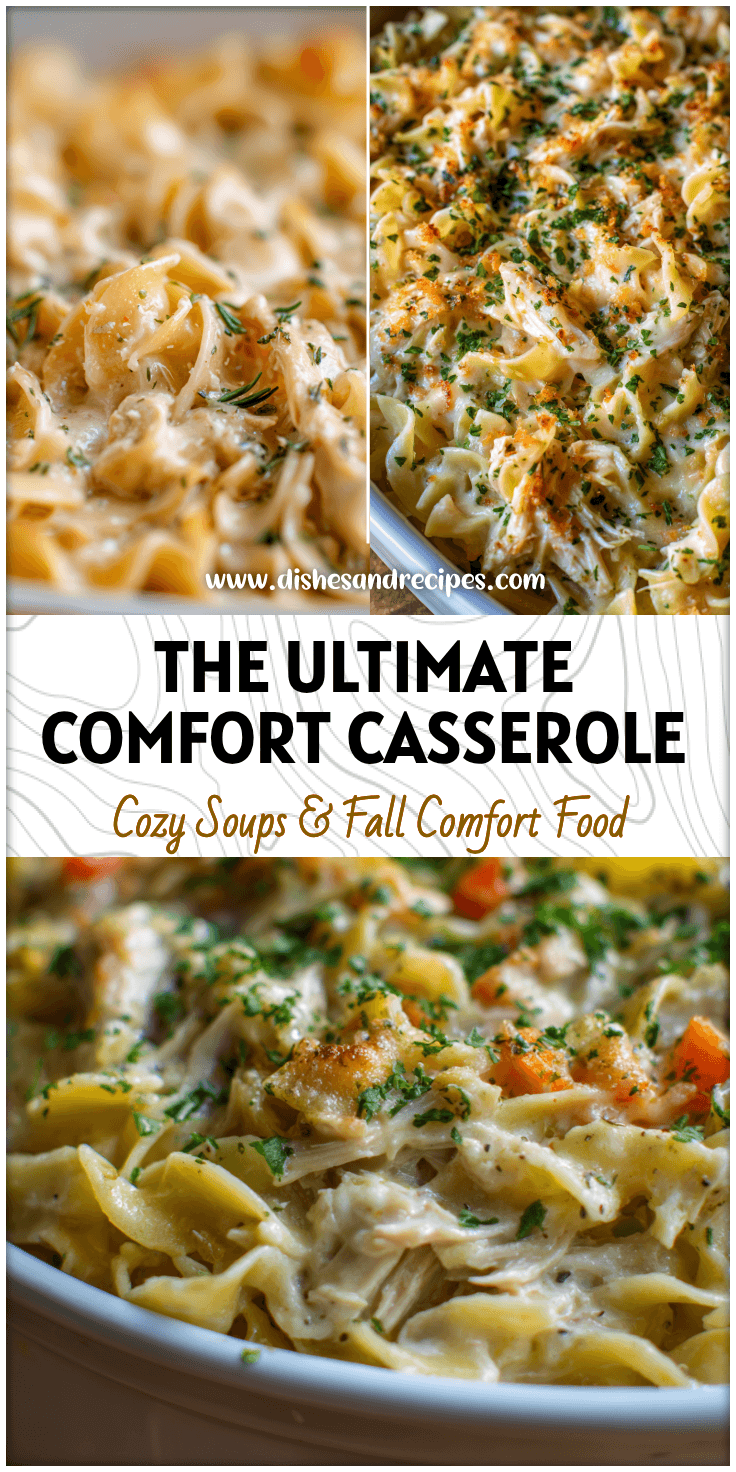 Creamy Chicken Noodle Casserole in a baking dish topped with herbs and noodles for Dinner Casserole Recipes