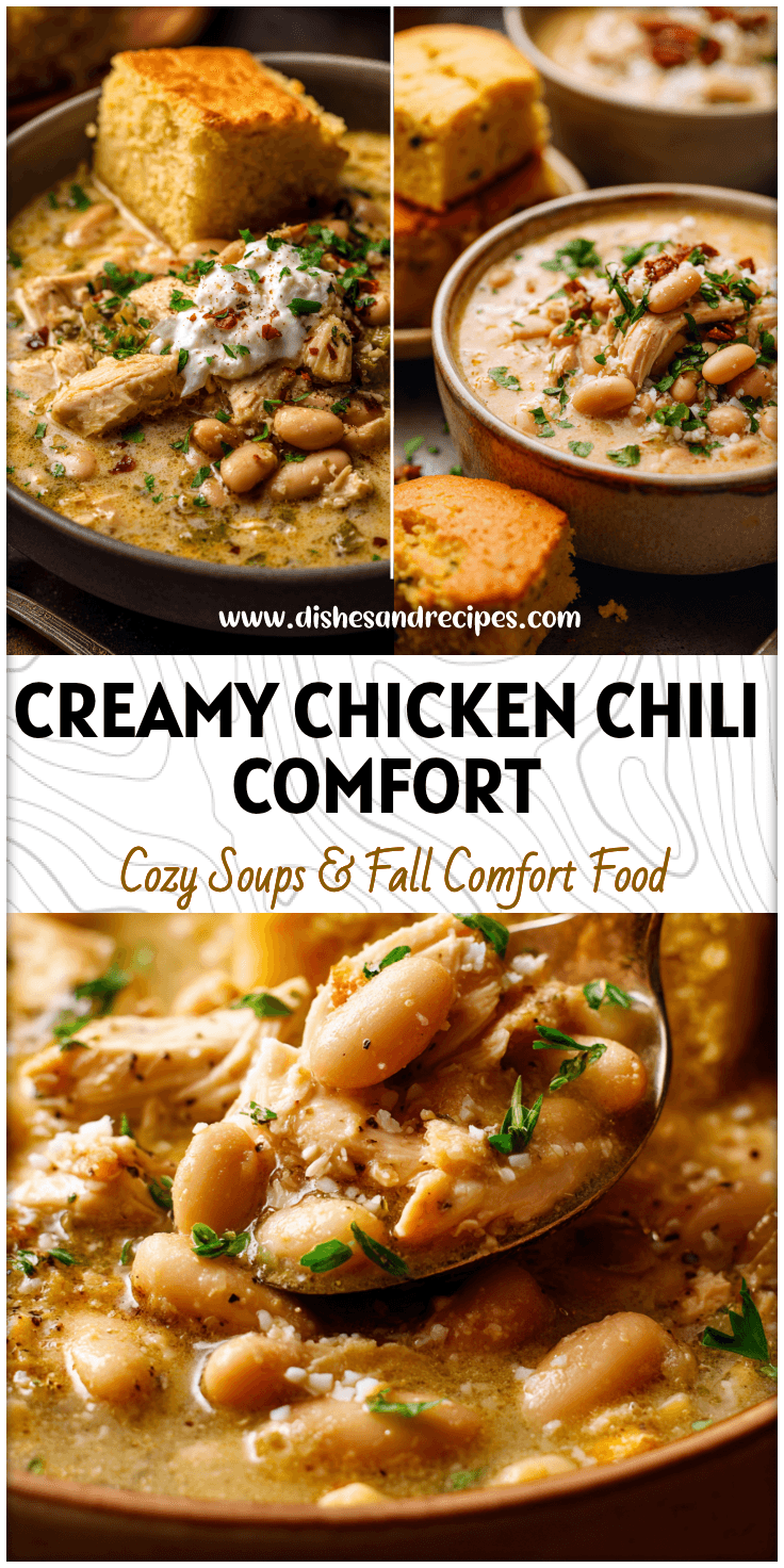 Bowl of creamy White Chili With Cornbread made with tender chicken and white beans.