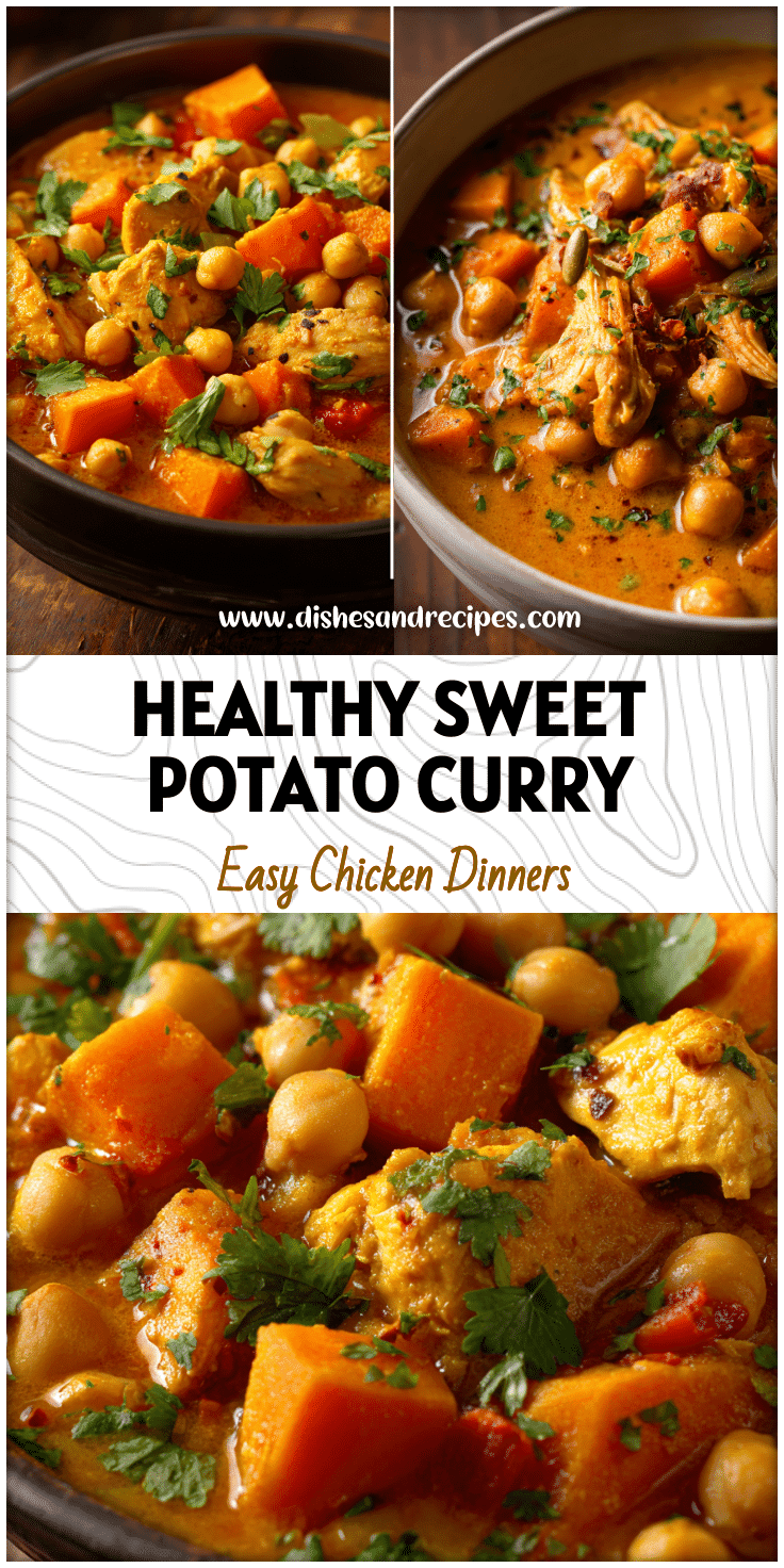Bowl of Chicken and Chickpea Curry with sweet potatoes and veggies as a wholesome Crock Pot Sweet Potato Stew.
