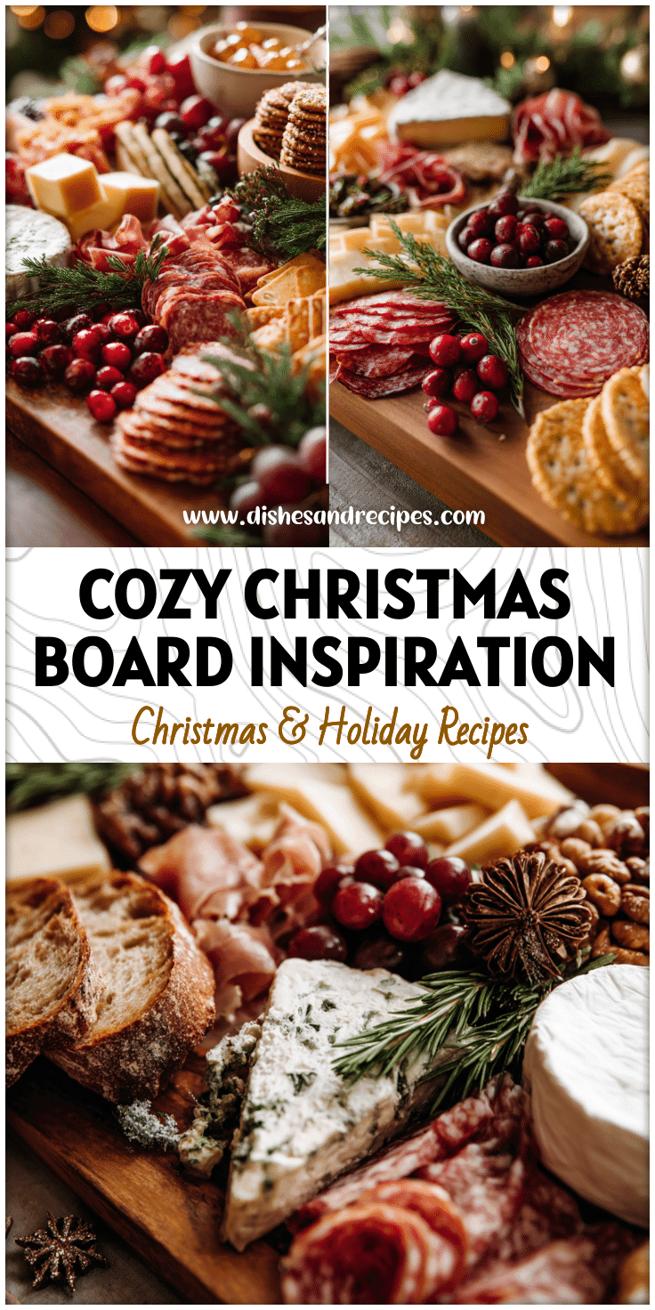 Rustic Christmas charcuterie platter with assorted meats, cheeses, fruits, and festive holiday decor