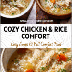 Cozy Classic Chicken & Rice Soup | Simple Stovetop Comfort 5 Bowl of Classic Chicken And Rice Soup with tender chicken, rice, and herbs served on a cozy wooden table.