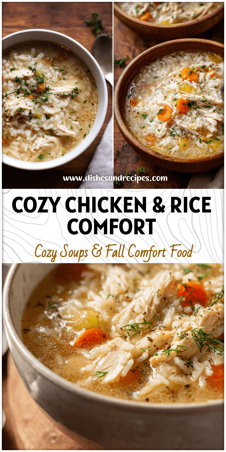 Bowl of Classic Chicken And Rice Soup with tender chicken, rice, and herbs served on a cozy wooden table.