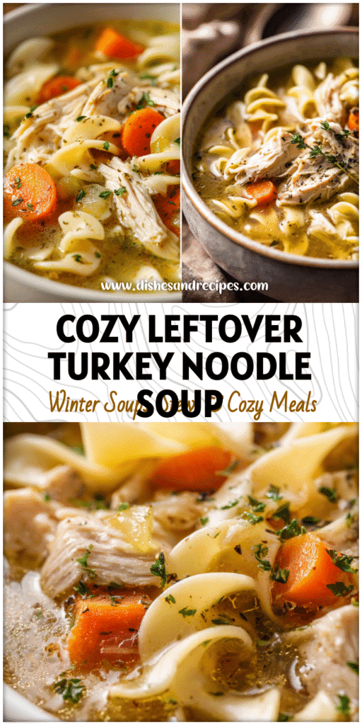 Bowl of comforting Turkey Noodle Soup made from leftover Thanksgiving turkey and vegetables.