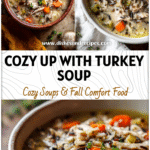 Cozy Leftover Turkey & Wild Rice Soup for Fall Nights 5 Bowl of Turkey Rice Soup with shredded turkey and wild rice on a rustic fall table