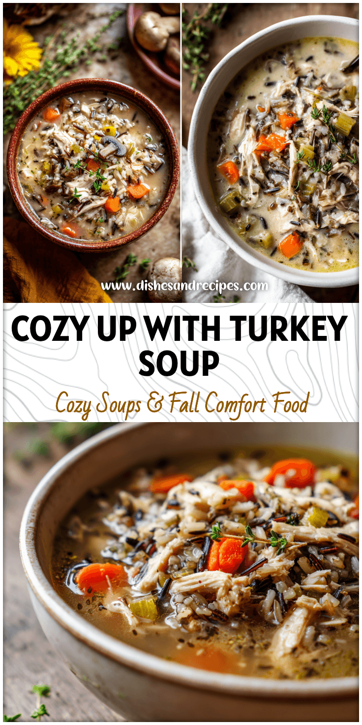Bowl of Turkey Rice Soup with shredded turkey and wild rice on a rustic fall table