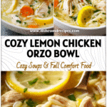Cozy Lemon Chicken Orzo Soup Recipe for Bright, Comforting Flavor 5 Bowl of Lemon Chicken Orzo Soup with bright lemon slices, chicken, and orzo in a creamy Greek-style broth.