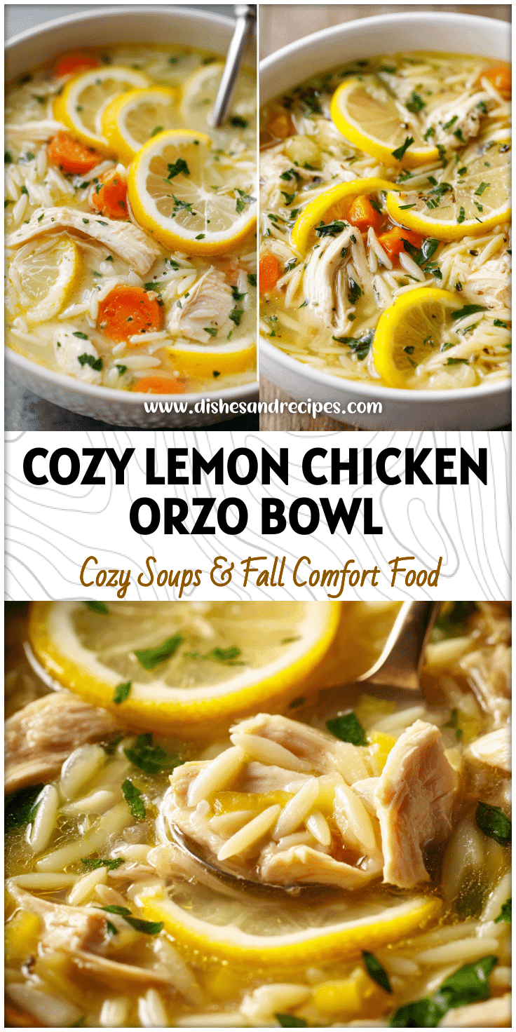 Bowl of Lemon Chicken Orzo Soup with bright lemon slices, chicken, and orzo in a creamy Greek-style broth.