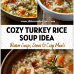 A warm bowl of turkey and rice soup with herbs and vegetables served on a rustic table for cold weather comfort.