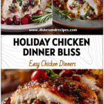 Cranberry Stuffed Chicken Breasts for Cozy Thanksgiving or Xmas Dinners 5 Tender roast chicken stuffed with cranberries and spinach served beside holiday table decorations