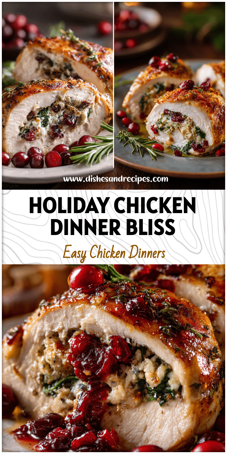 Tender roast chicken stuffed with cranberries and spinach served beside holiday table decorations
