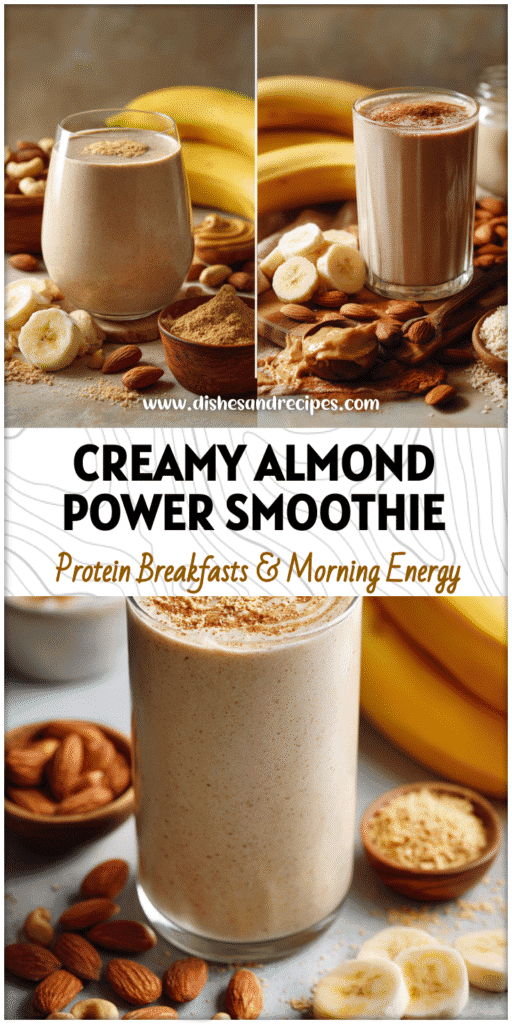 Glass of Paleo Almond Butter Smoothie with bananas and coconut beside a bowl of nut butter and milk ingredients.