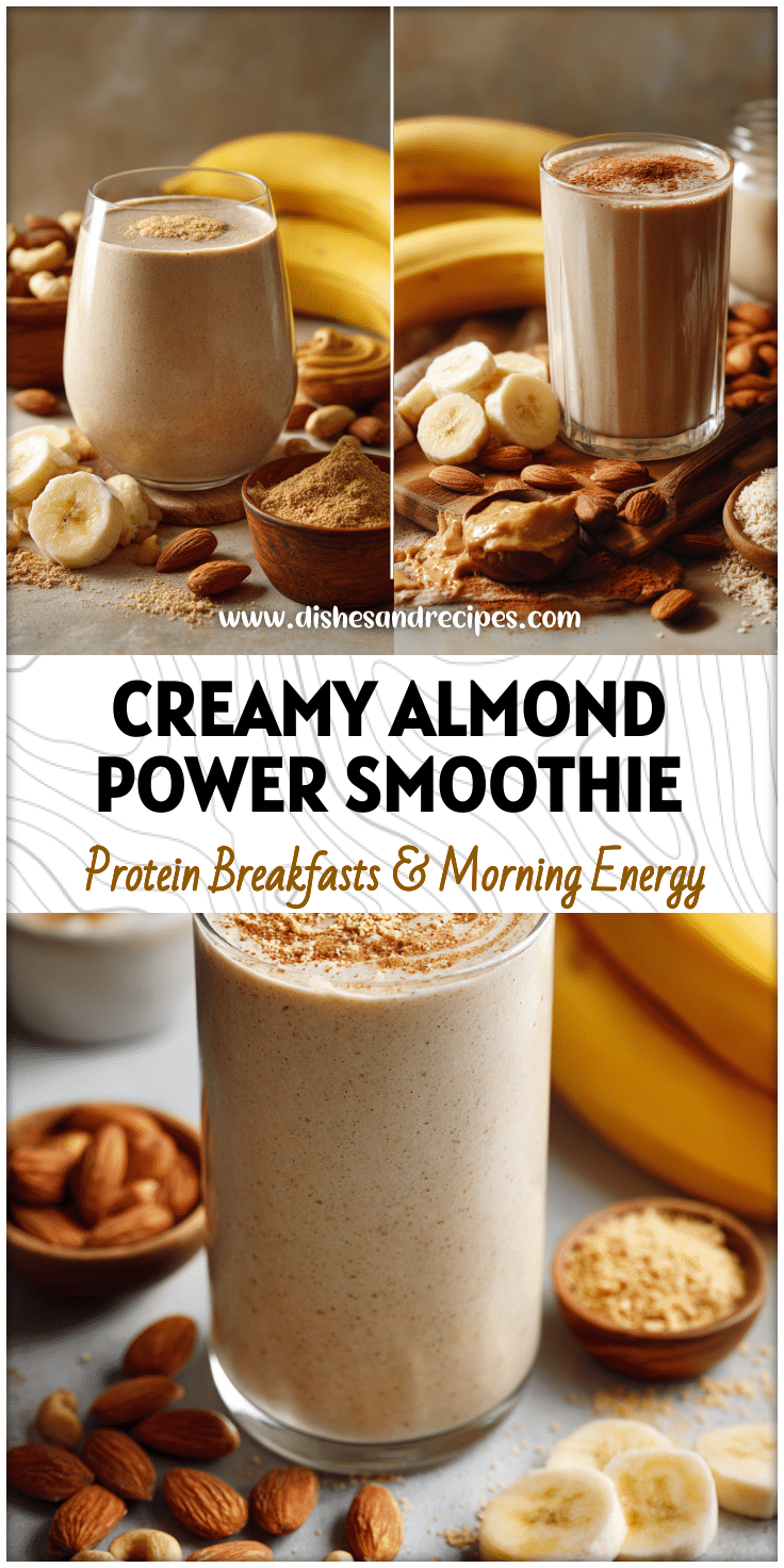 Glass of Paleo Almond Butter Smoothie with bananas and coconut beside a bowl of nut butter and milk ingredients.