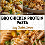Creamy BBQ Chicken Protein Pasta Salad Recipe 5 Close-up of creamy protein pasta salad with BBQ chicken, corn, and colorful vegetables in a serving bowl.