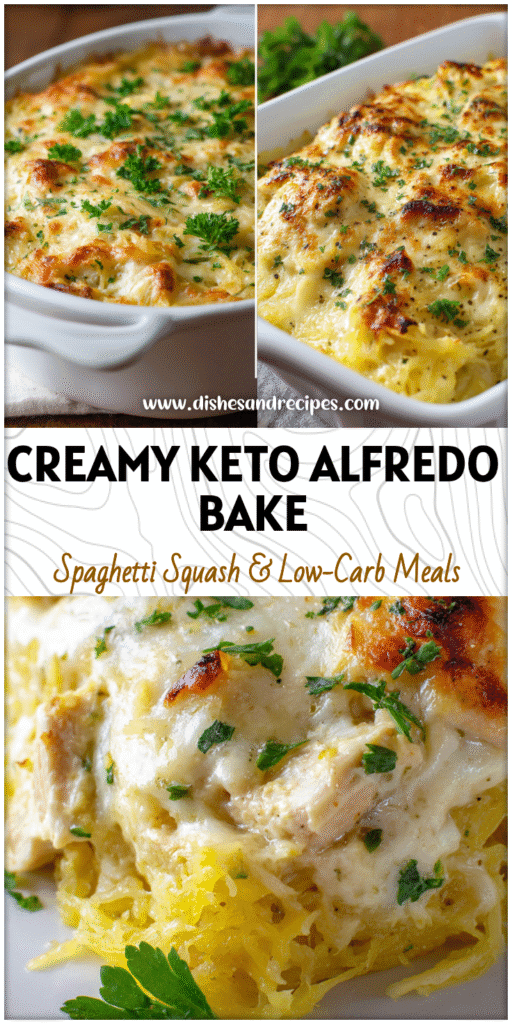 Golden baked Chicken Alfredo Spaghetti Squash topped with melted cheese and fresh parsley on a white dish keto-friendly style