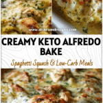 Creamy Chicken Alfredo Spaghetti Squash Bake (Keto & Low Carb) 5 Golden baked Spaghetti Squash Chicken Alfredo topped with melted cheese and herbs in a casserole dish.