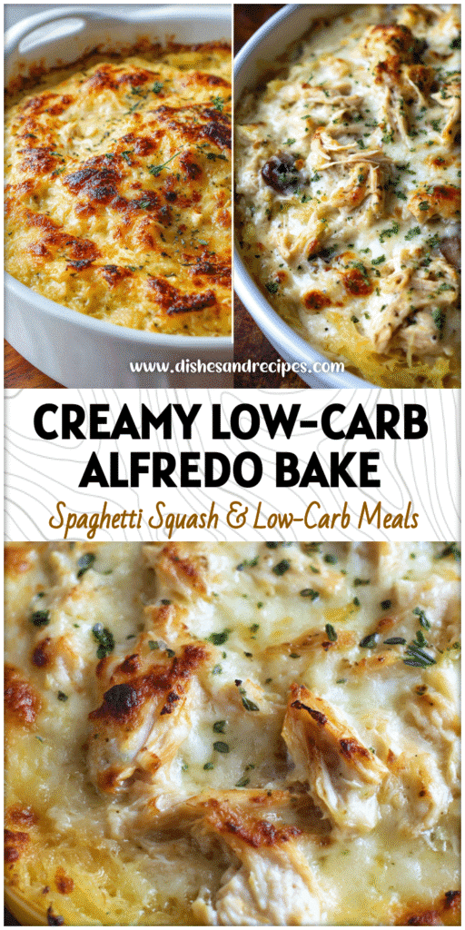 Golden baked creamy chicken alfredo spaghetti squash topped with shredded chicken and herbs.