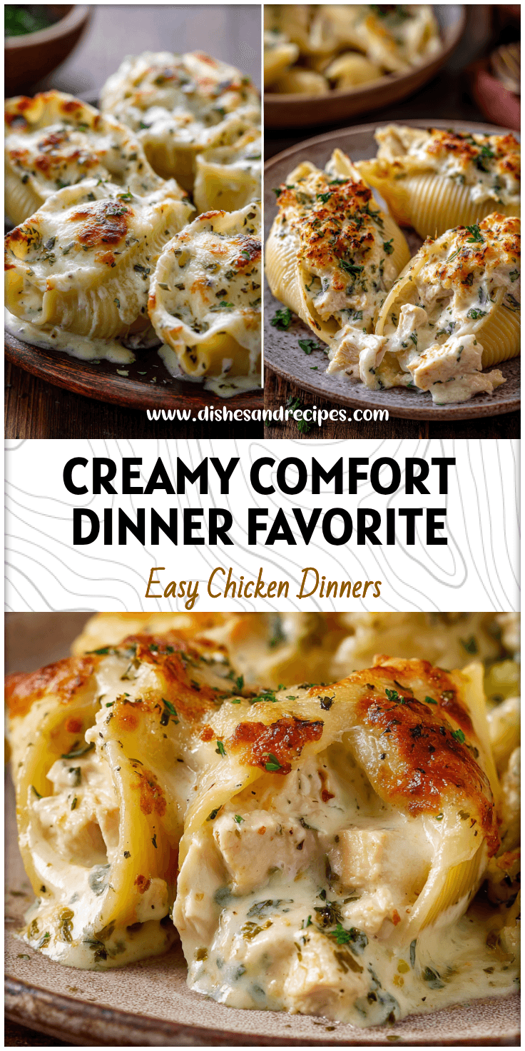 Creamy baked Chicken Alfredo Stuffed Shells topped with sauce and herbs on a rustic plate