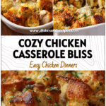 Golden baked Chicken And Stuffing Casserole with tender rotisserie chicken and creamy filling served in a white dish.