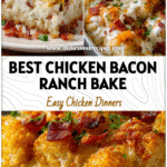 Golden baked Chicken Bacon Ranch Casserole topped with melted cheese and crispy bacon bits.