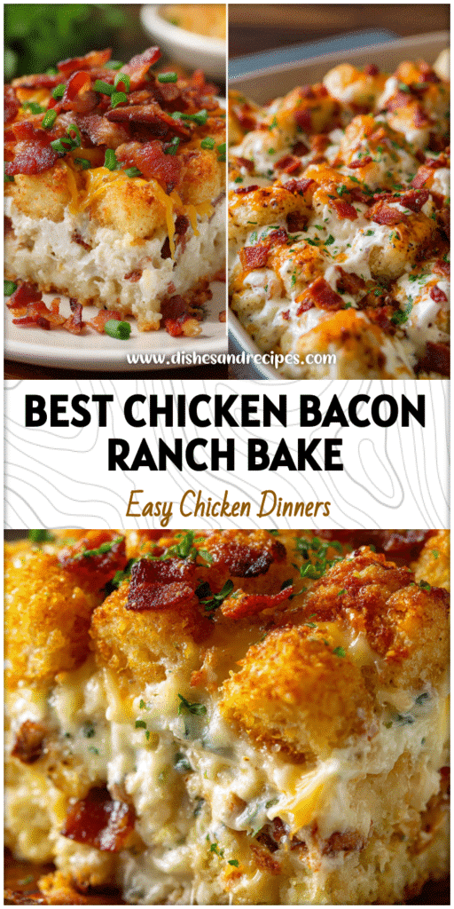 Golden baked Chicken Bacon Ranch Casserole topped with melted cheese and crispy bacon bits.