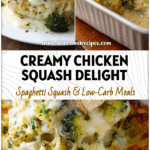 Creamy Chicken & Broccoli Alfredo Spaghetti Squash Bake 5 Golden Cheesy Chicken And Broccoli Stuffed Spaghetti Squash baked with creamy Alfredo sauce and fresh herbs.