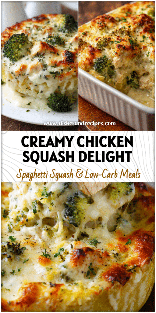Golden Cheesy Chicken And Broccoli Stuffed Spaghetti Squash baked with creamy Alfredo sauce and fresh herbs.