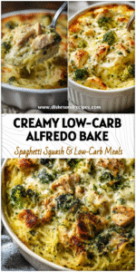 Creamy baked spaghetti squash casserole with chicken and broccoli served in a low carb keto-friendly style.