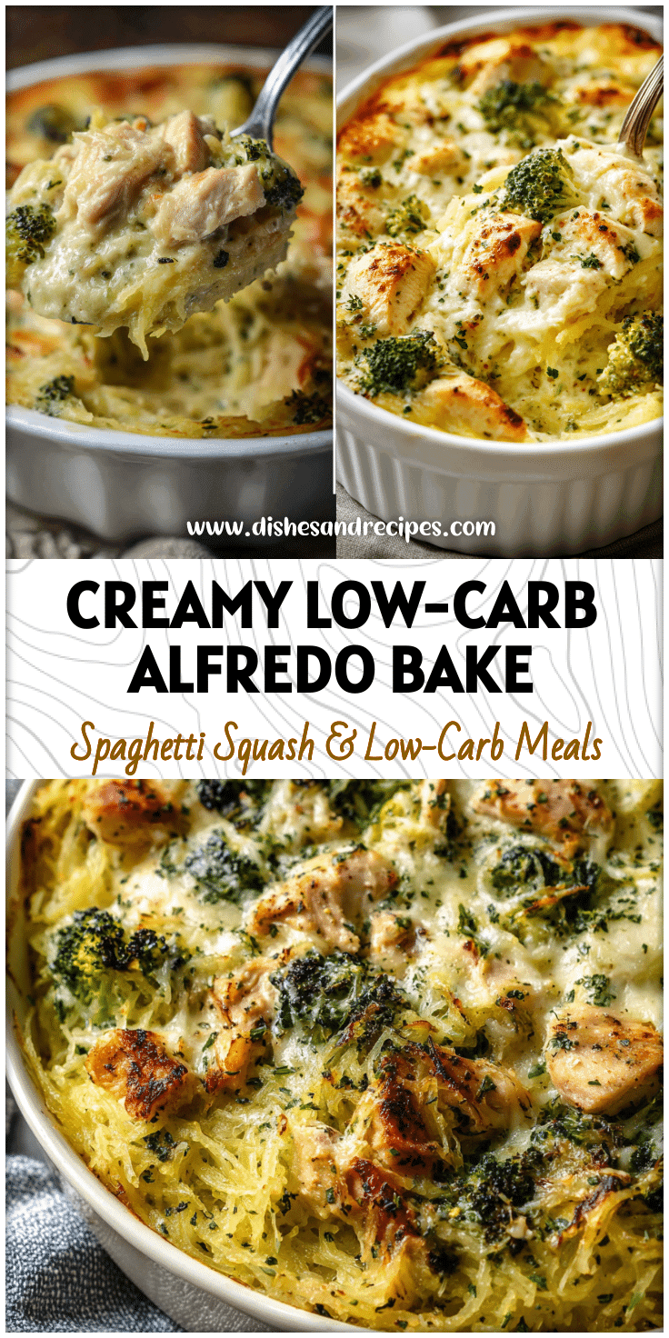 Creamy baked spaghetti squash casserole with chicken and broccoli served in a low carb keto-friendly style.