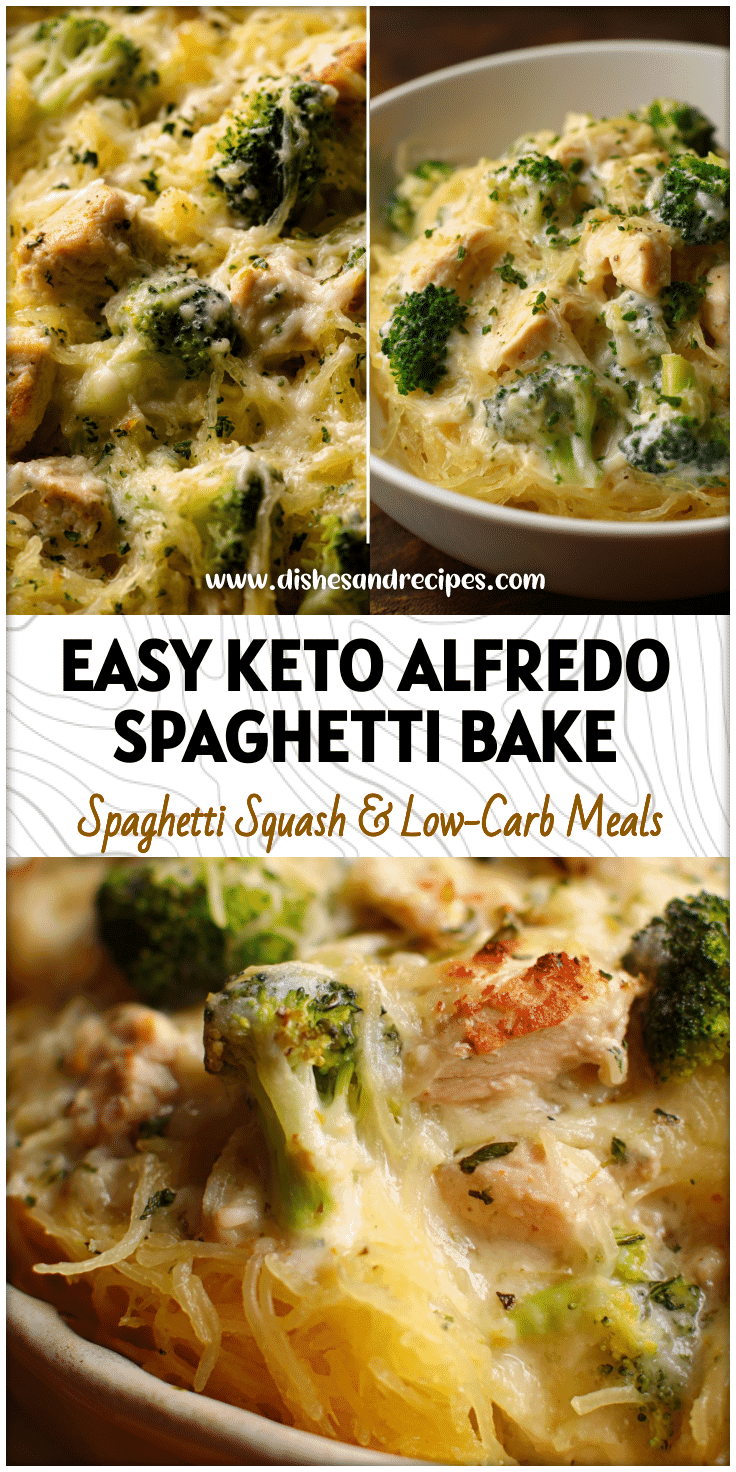 Baked spaghetti squash casserole with chicken and broccoli in creamy alfredo sauce for a low carb keto dinner