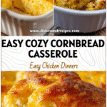 Creamy Chicken & Cornbread Casserole with Jiffy Mix Comfort 5 A baked Jiffy Cornbread Chicken Casserole topped with golden crust and creamy chicken filling in a white dish.