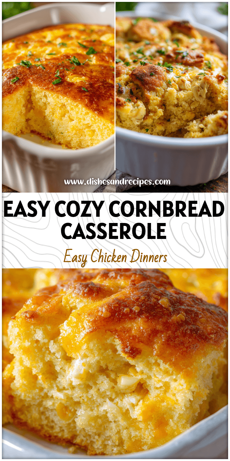 A baked Jiffy Cornbread Chicken Casserole topped with golden crust and creamy chicken filling in a white dish.