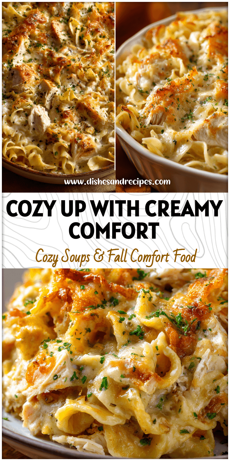 Baked Chicken Noodle Casserole topped with golden cheese and herbs served in a casserole dish.