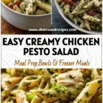 Bowl of Creamy Chicken Pesto Pasta Salad made with penne, tender chicken, and fresh herbs for cold chicken dishes and picnic recipes