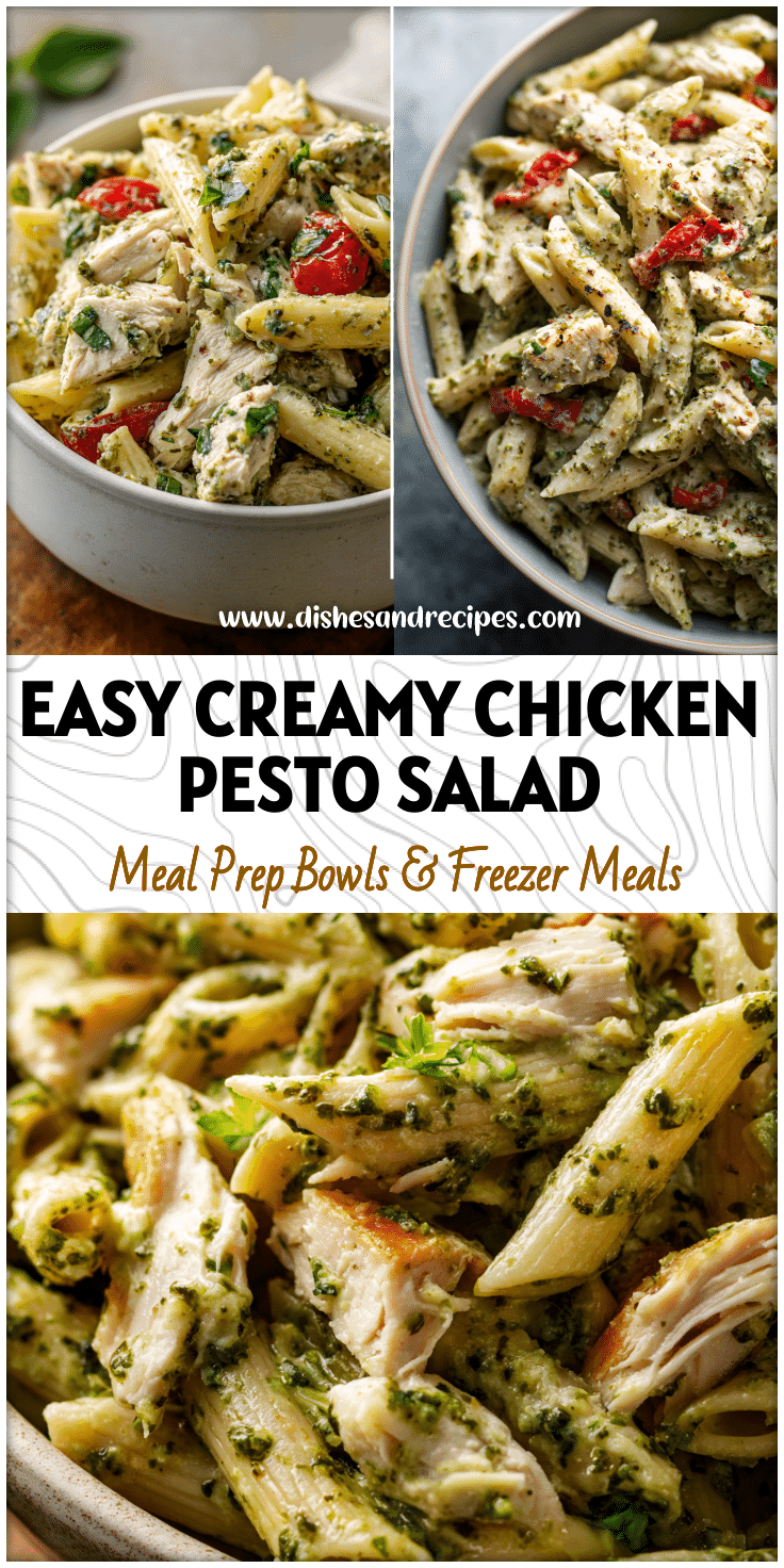 Bowl of Creamy Chicken Pesto Pasta Salad made with penne, tender chicken, and fresh herbs for cold chicken dishes and picnic recipes