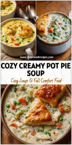Bowl of creamy Chicken Pot Pie Soup topped with vegetables and flaky crust pieces on a rustic table