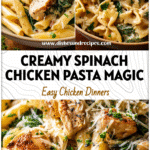 Bowl of creamy chicken and spinach pasta topped with Parmesan cheese and fresh herbs.