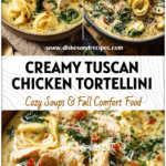 Creamy Chicken Tortellini Soup with Spinach and Tuscan Flavors 5 Bowl of creamy chicken tortellini soup with spinach and Tuscan herbs in a rustic setting