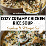 Bowl of Creamy Chicken And Mushroom And Wild Rice Soup topped with herbs and sliced mushrooms.