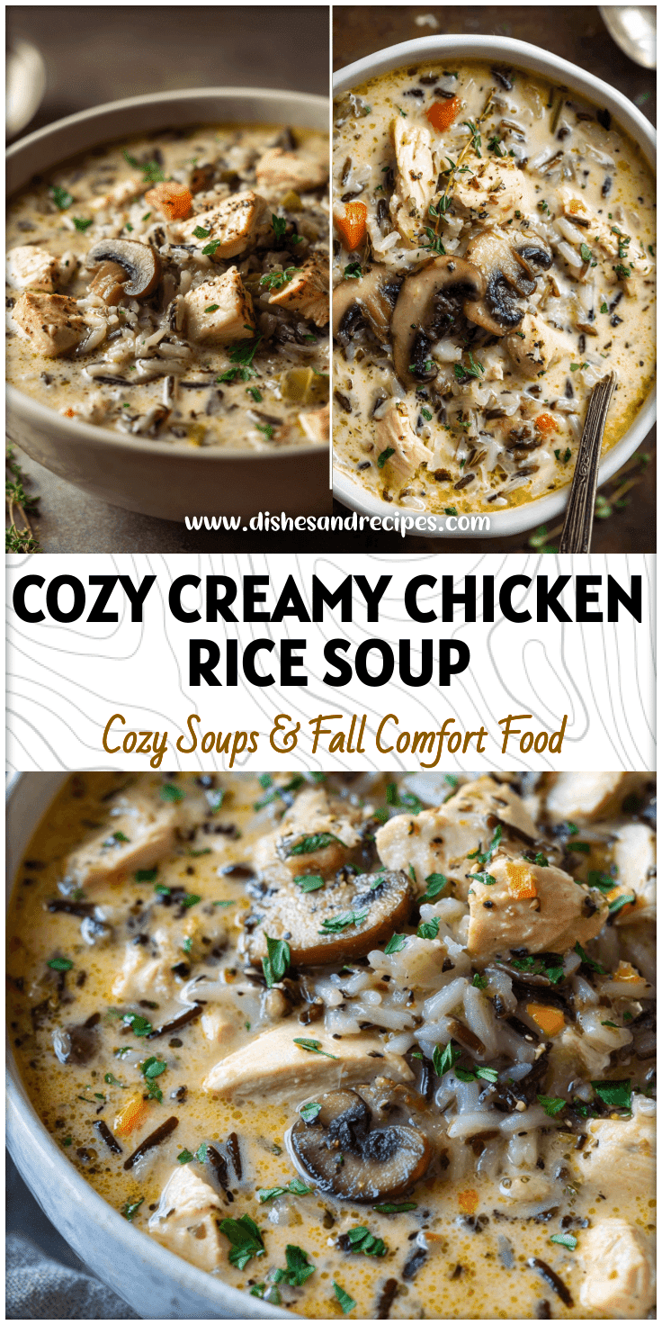 Bowl of Creamy Chicken And Mushroom And Wild Rice Soup topped with herbs and sliced mushrooms.