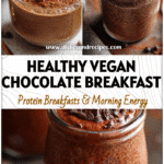 Glass jar filled with rich Chocolate Almond Butter Chia Pudding topped with cacao nibs as a Chia Pudding Vegan breakfast treat.