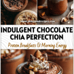 Glass jars filled with creamy Chocolate Almond Butter Chia Pudding topped with cacao and nuts for a Chia Pudding Vegan breakfast.