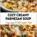 Creamy Crockpot Chicken Parmesan Soup Recipe for Cozy Nights 5 A bowl of creamy Crockpot Chicken Parmesan Soup topped with melted cheese and fresh herbs.