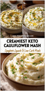 Bowl of creamy garlic mashed cauliflower with cream cheese garnished with herbs as a keto side dish.