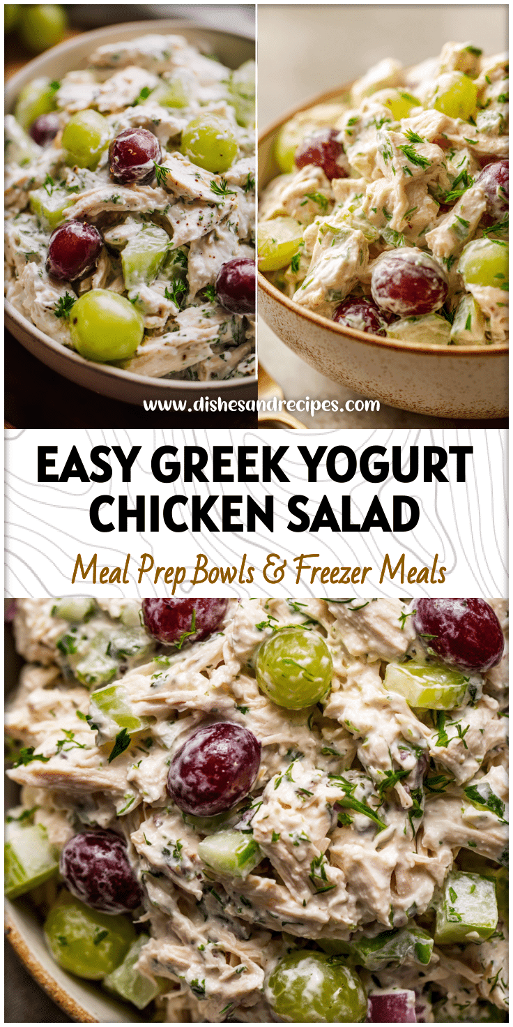 A bowl of Greek Yogurt Chicken Salad with celery, grapes, and herbs topped with creamy yogurt dressing.