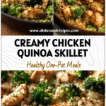 Creamy One-Pan Chicken & Broccoli Quinoa Skillet Dinner 5 A creamy chicken broccoli quinoa skillet shown in a pan, a healthy meal casserole for dinner using broccoli.