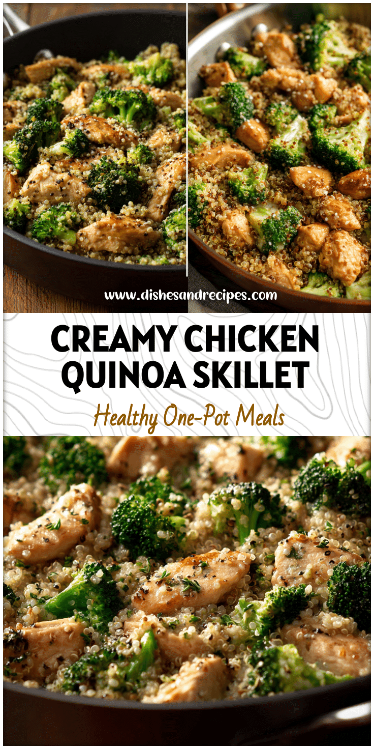 A creamy chicken broccoli quinoa skillet shown in a pan, a healthy meal casserole for dinner using broccoli.