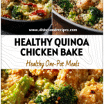 Creamy One-Pan Chicken & Broccoli Quinoa Skillet for Easy Healthy Dinners 5 One-pan creamy chicken and broccoli quinoa skillet shown as a healthy meal casserole with colorful veggies.